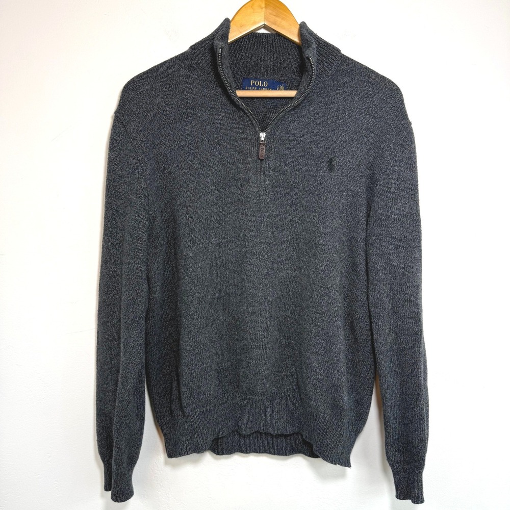 Polo Ralph Lauren Quarter Zip Sweater Grey Cotton Pony Logo Classic Preppy Large